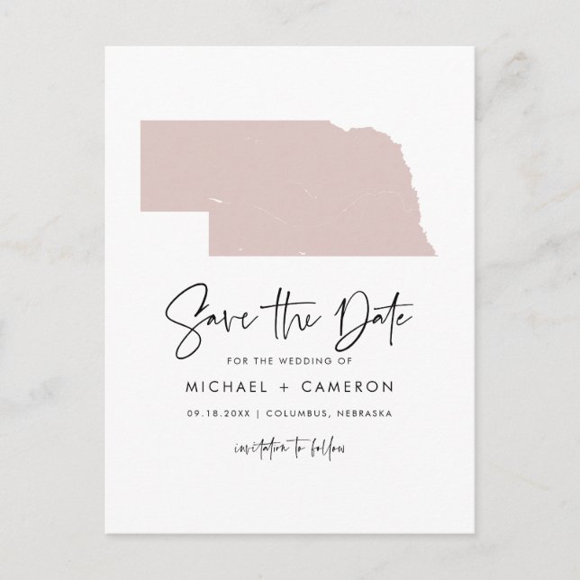 Cartão Postal De Anúncio Blush Rosa Mapa de Nebraska Script Salve a Data (Frente)