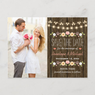 Cartão Postal De Anúncio Blush String of Lights Rustic Fall Salvar Data