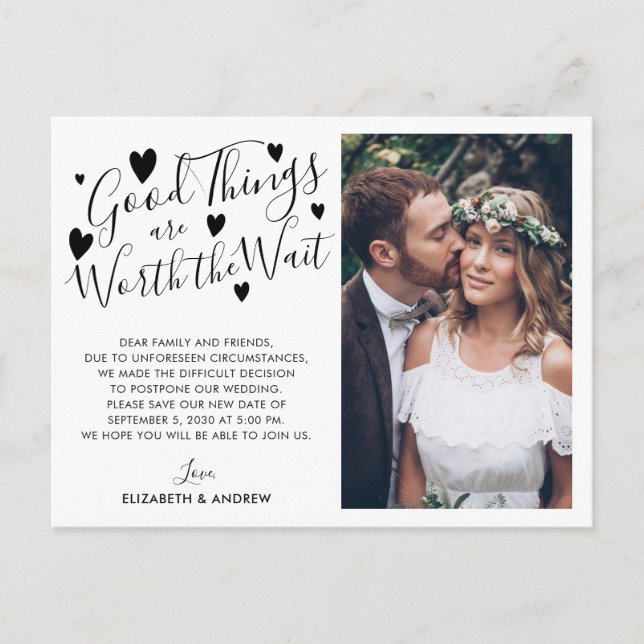 Cartão Postal De Anúncio Boas Coisas que Valem a Espera Mudar a Data Foto (Frente)