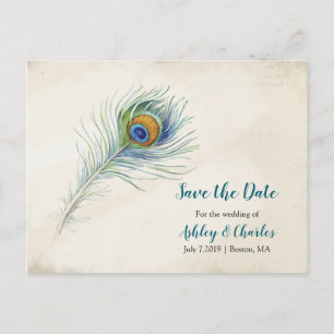 Cartão Postal De Anúncio Bohemian Peacock Feather Weding the Date