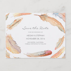 Cartão Postal De Anúncio Boho Aguarela Penas Save the Date