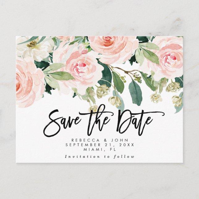Cartão Postal De Anúncio boho blush floral casamento salve o cartão de data (Frente)