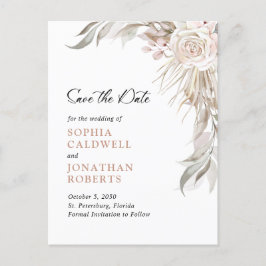 Cartão Postal De Anúncio Boho Blush Rosa Elegante Folhagem Salve a Data