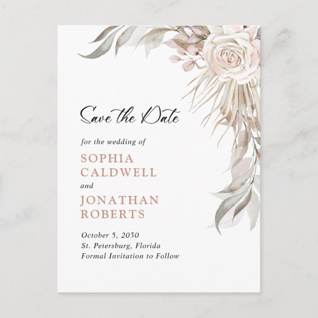 Cartão Postal De Anúncio Boho Blush Rosa Elegante Folhagem Salve a Data (Frente)