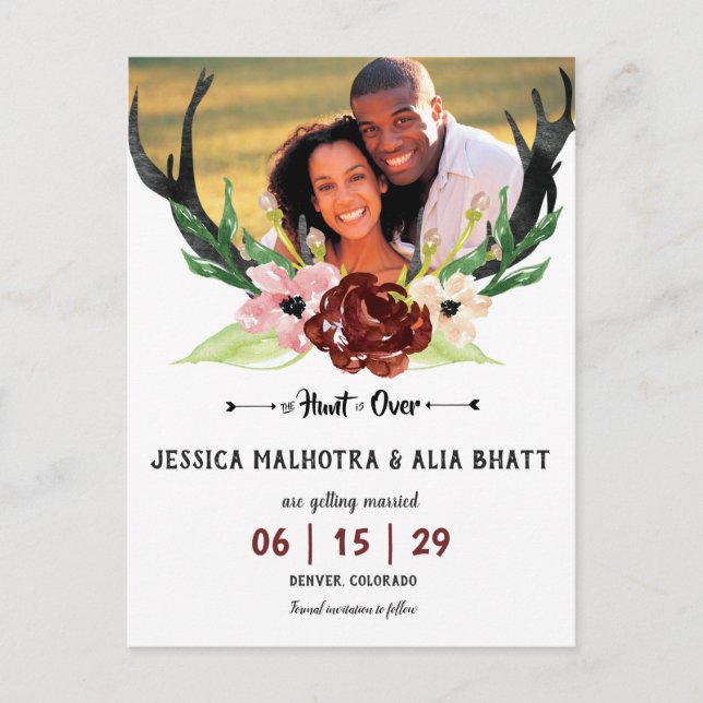 Cartão Postal De Anúncio Boho Borgonha Caça Floral Acabou Salve a Data (Frente)