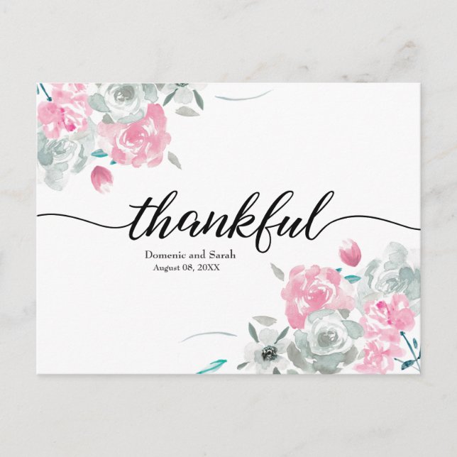 Cartão Postal De Anúncio Boho Chic Rosa Branco floral aquarela casamento (Frente)