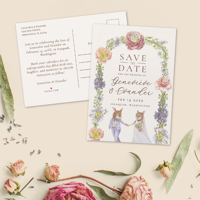 Cartão Postal De Anúncio Boho Coelhinho Rosa Amor Casamento Floral Salvar D (Illustrated bunny rabbit themed wedding save the date postcards with watercolor flowers)