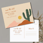 Cartão Postal De Anúncio Boho Desert Orçamento Casamento Salvar Data<br><div class="desc">Perfeito para o casal que planeja a celebração do casamento no deserto de Boho. Este casamento do orçamento salva a data do cartão postal mostra uma cena do deserto com cacto em um design colorido impresso com seus detalhes de casamento.</div>