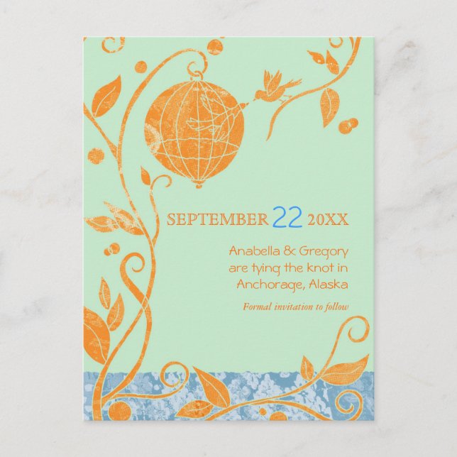 Cartão Postal De Anúncio Boho Love Birds Mint Casamento Salve Data (Frente)