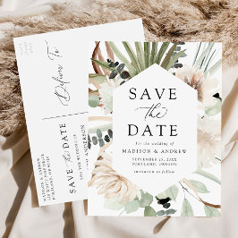 Cartão Postal De Anúncio Boho Neutro Flores Tropicais Salve a Data