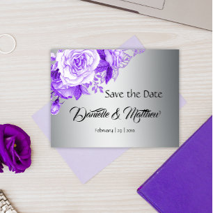 Cartão Postal De Anúncio Boho Purple Rose Bouquet Silver Casamento RSVP