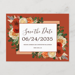 Cartão Postal De Anúncio Boho Terracotta Rust Casamento Floral Salvar Data