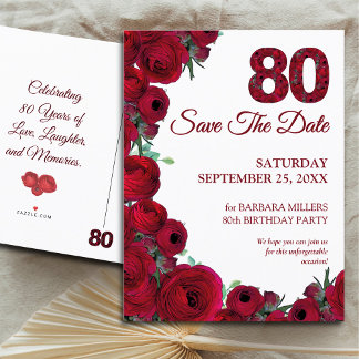 Cartão Postal De Anúncio Bold Red Floral 80 Birthday Guarde a Data