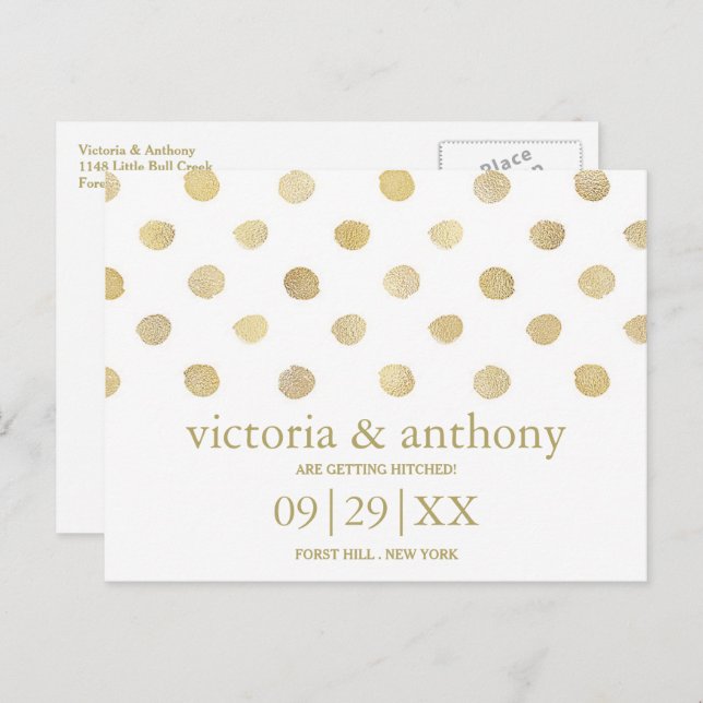 Cartão Postal De Anúncio Bolinhas Branca e Dourada Moderna Salva a Data (Frente/Verso)