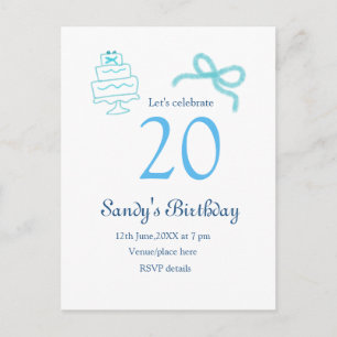 Cartão Postal De Anúncio Bolo de 20º aniversário com laço azul nome data pa