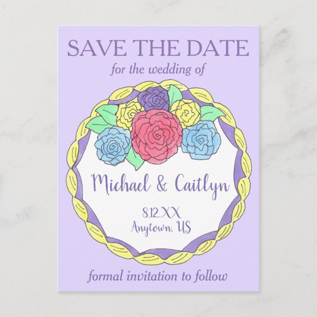 Cartão Postal De Anúncio Bolo de Noiva Floral Save the Date Casamento (Frente)