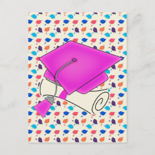 Cartão Postal De Anúncio Boné de formatura rosa quente e diploma, Boné colo