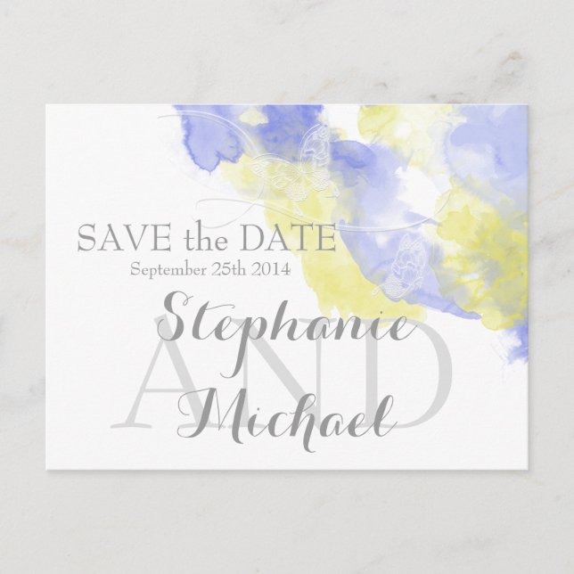 Cartão Postal De Anúncio Borboleta Aguarela Periwinkle Limão Salve a Data (Frente)