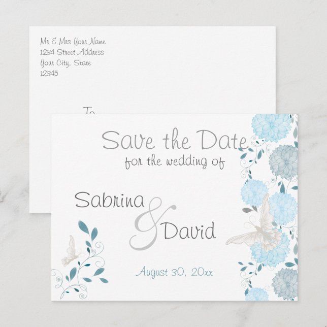 Cartão Postal De Anúncio Borboleta Céu Azul Crisântemo Save the Date (Frente/Verso)