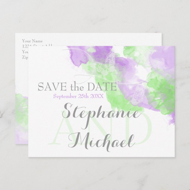 Cartão Postal De Anúncio Borboleta de Aquarela Matcha Lilac SavetheDate (Frente/Verso)