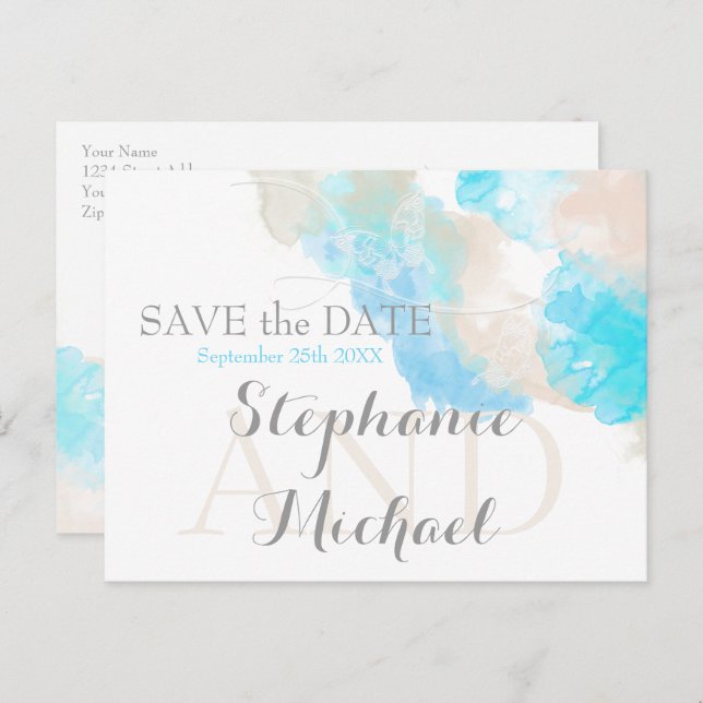 Cartão Postal De Anúncio Borboleta de Aquarela Teal Ivory Taupe SavetheDate (Frente/Verso)