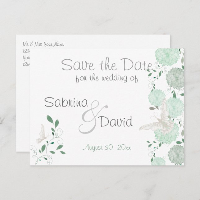Cartão Postal De Anúncio Borboleta Save the Date de Crisântemo de Pistácio (Frente/Verso)