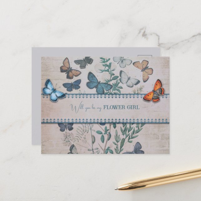 Cartão Postal De Anúncio Borboletas azuis e flores (Frente/Verso In Situ)