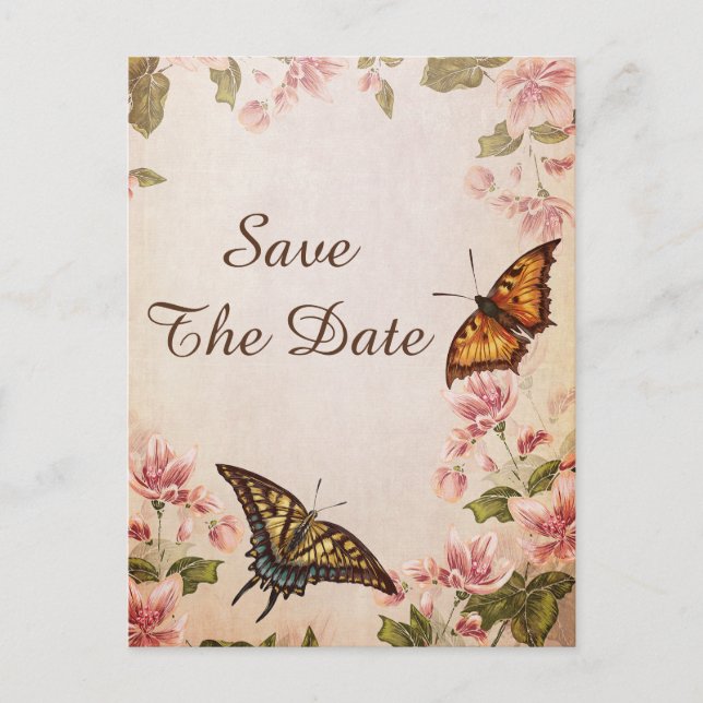 Cartão Postal De Anúncio Borboletas e amêndoas de vintagem Salvem a data (Frente)
