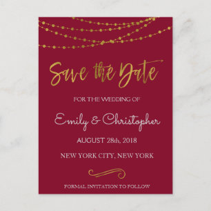 Cartão Postal De Anúncio Borgonha e a folha Dourado salvar a data