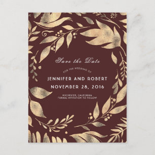 Cartão Postal De Anúncio Borgonha e Folhas Douradas Quebra a Data