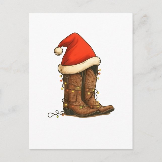 Cartão Postal De Anúncio Botas de Cowboy Natal Chapéu de Santa Western  (Frente)