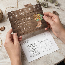 Cartão Postal De Anúncio Botas de Girassóis Rústicos Western Save the Date