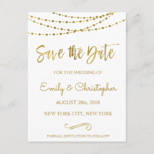 Cartão Postal De Anúncio Branco e Dourado Save the Date com Folha de Ouro