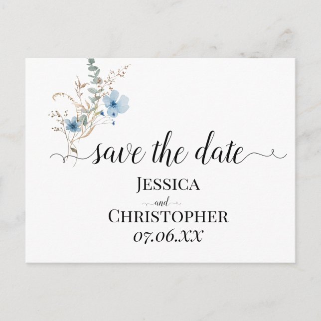 Cartão Postal De Anúncio buquê de flores em aquarela azul empoeirado rústic (Frente)