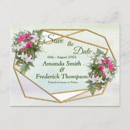Cartão Postal De Anúncio Buquê de Flores Geométricas em Dourado Save the Da