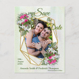 Cartão Postal De Anúncio Buquê de Flores Geométricas em Dourado Save the Da