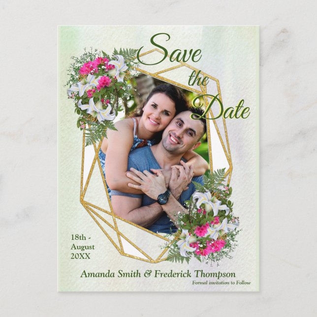 Cartão Postal De Anúncio Buquê de Flores Geométricas em Dourado Save the Da (Frente)