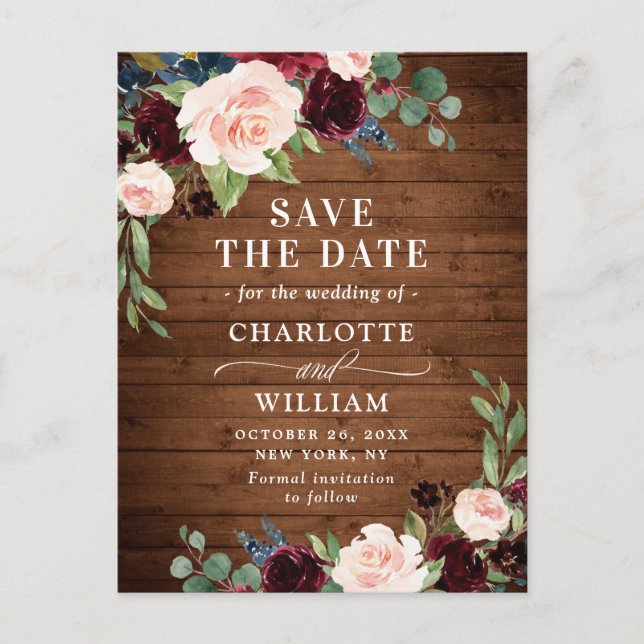 Cartão Postal De Anúncio Burgundy Blue Blush Rustic Casamento Save the Date (Frente)
