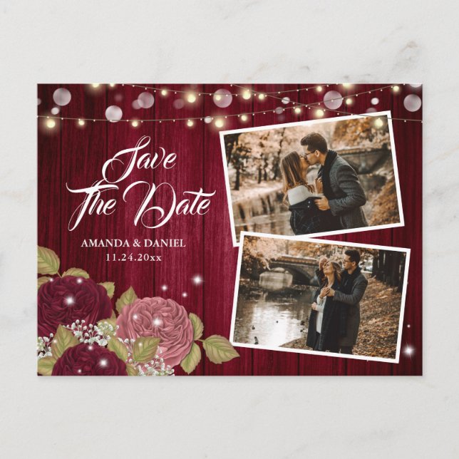 Cartão Postal De Anúncio Burgundy Blush Rosa 2 Foto Salvar A Data (Frente)