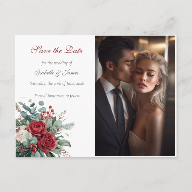 Cartão Postal De Anúncio Burgundy & Blush Roses Wedding Save the Date (Frente)