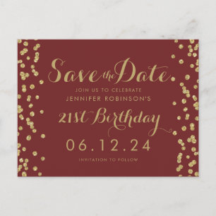 Cartão Postal De Anúncio Burgundy Dourado Aniversário de 21 anos Salvar Dat