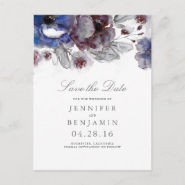 Cartão Postal De Anúncio Burgundy e Navy Floral Save the Date