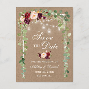 Cartão Postal De Anúncio Burgundy Floral Botânico Save The Date Kraft