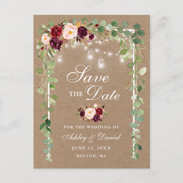 Cartão Postal De Anúncio Burgundy Floral Botânico Save The Date Kraft (Frente)