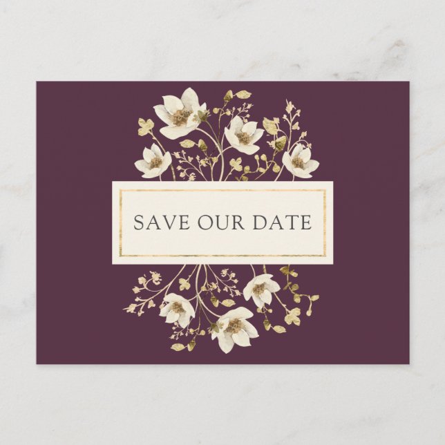 Cartão Postal De Anúncio Burgundy Floral Casamento Save the Date (Frente)