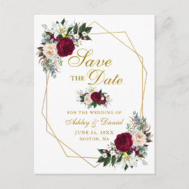 Cartão Postal De Anúncio Burgundy Floral Greenery Dourado Salvar a Data