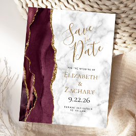 Cartão Postal De Anúncio Burgundy Gold Ágata Mármore Save the Date