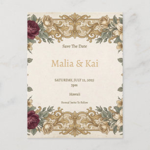 Cartão Postal De Anúncio Burgundy Gold Floral Save the Date