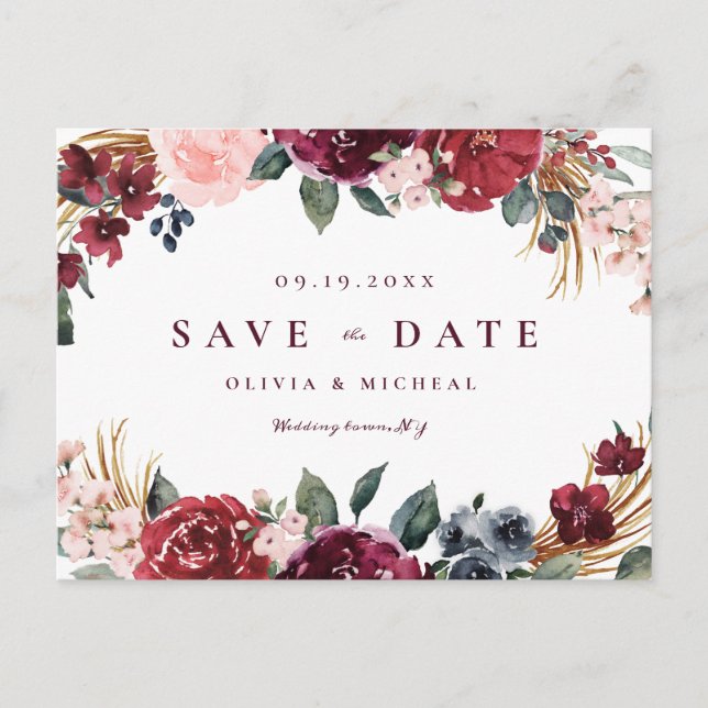 Cartão Postal De Anúncio Burgundy rustic boho floral salvar a data (Frente)