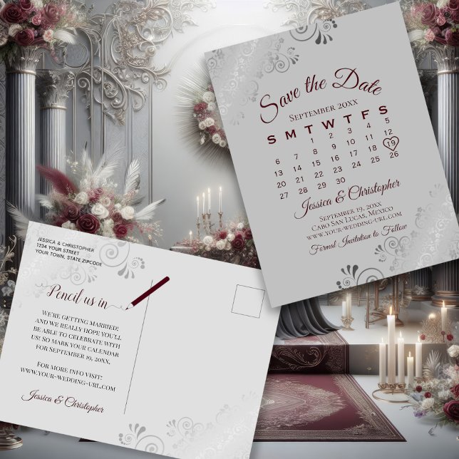 Cartão Postal De Anúncio Burgundy sobre Casamento de Cinza Salve o Calendár (Front/Back)